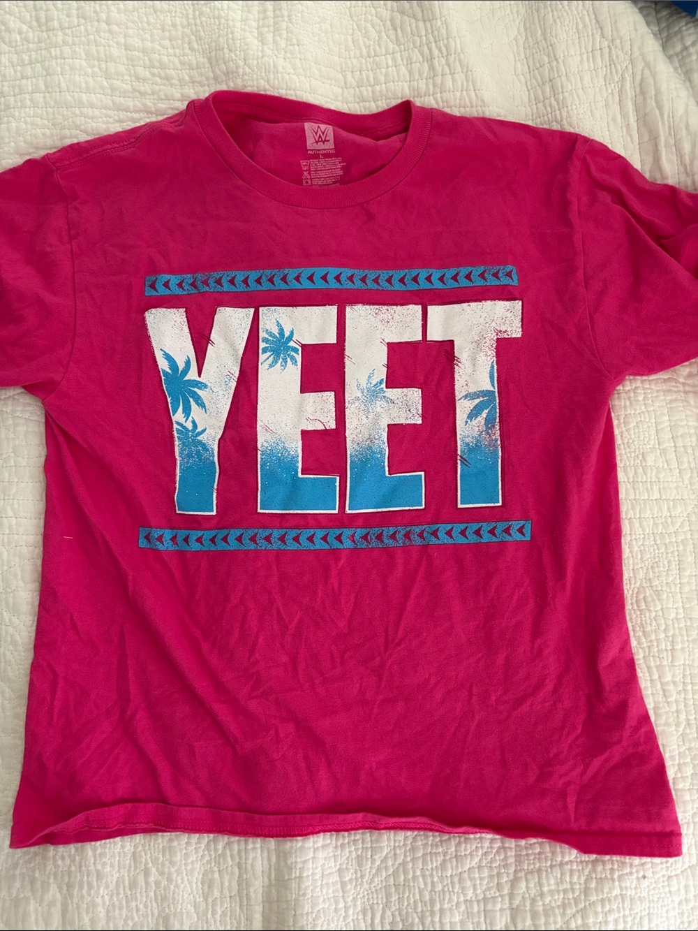 WWE Pink YEET Graphic Tee with Blue Accents